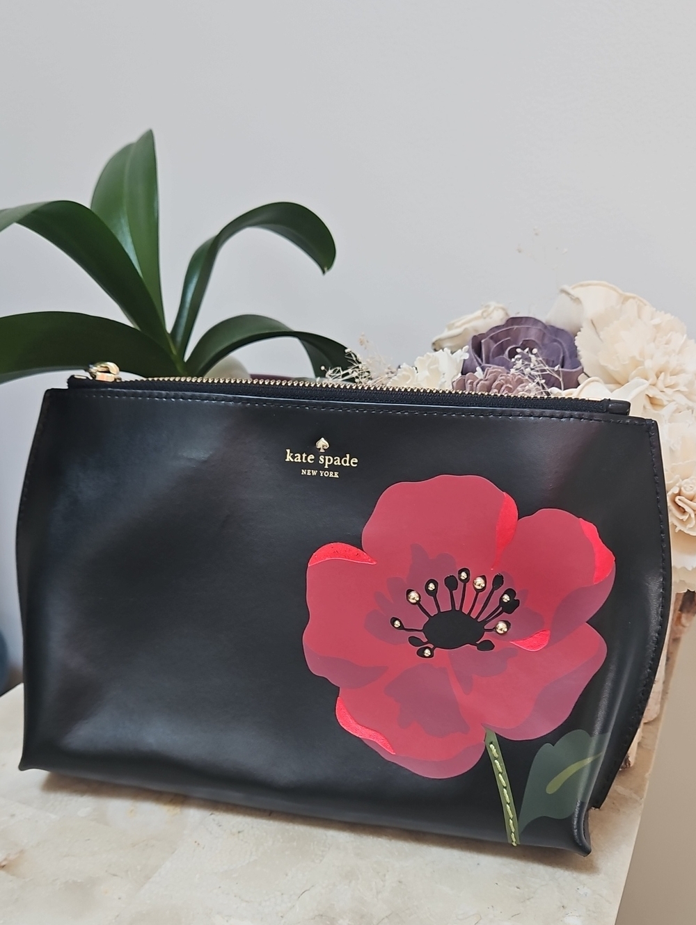 kate spade Black Leather Clutch with Red Floral Motif